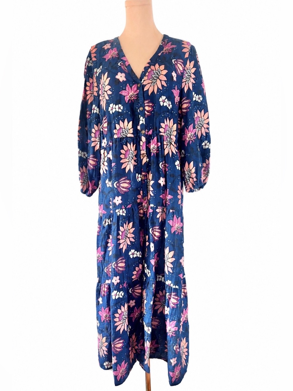 Marine Layer Willow Midi Dress in Floral Batik Blue Pink Natural Fiber Size XL